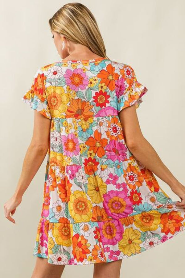 BiBi Floral Short Sleeve Tiered Dress | Mini Dresses