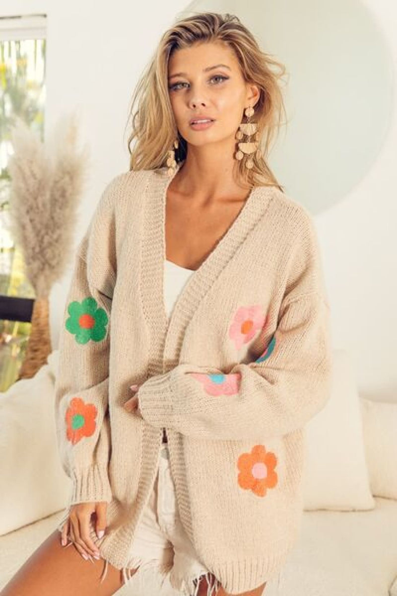 BiBi Flower Embroidery Open Front Cardigan | Sweaters & Cardigans