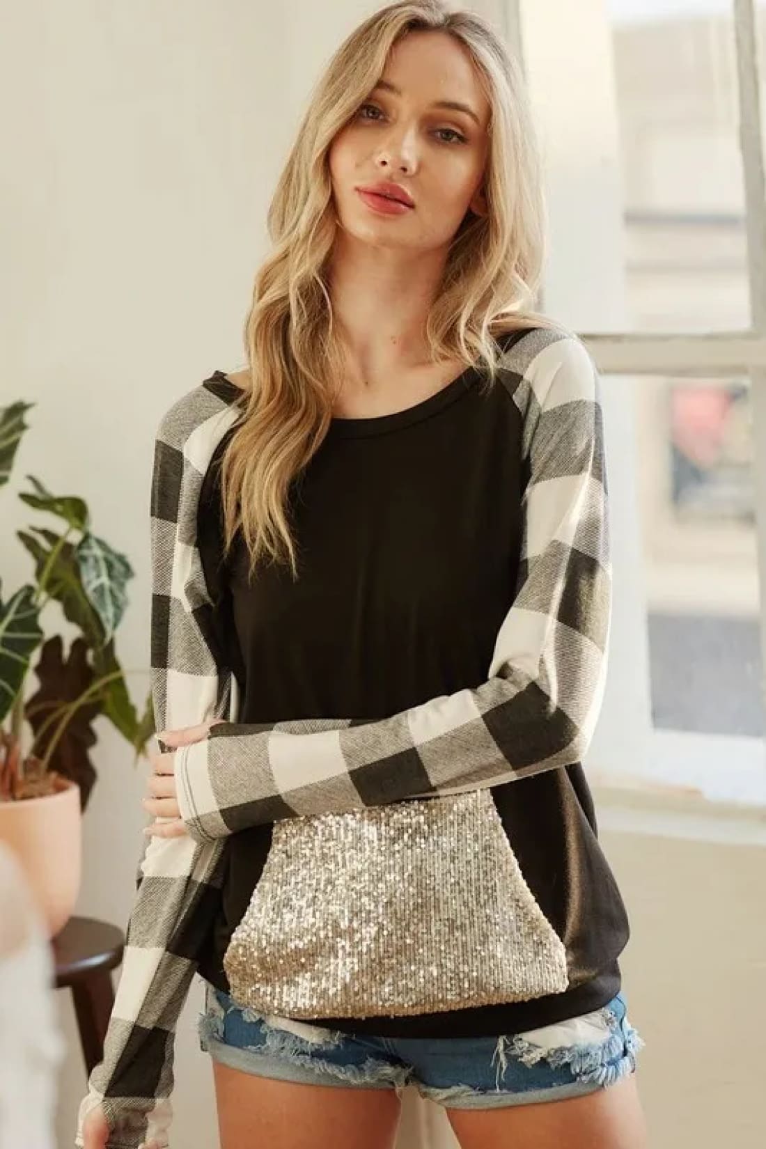 BiBi French Terry Top with Sequins Kangaroo Pocket