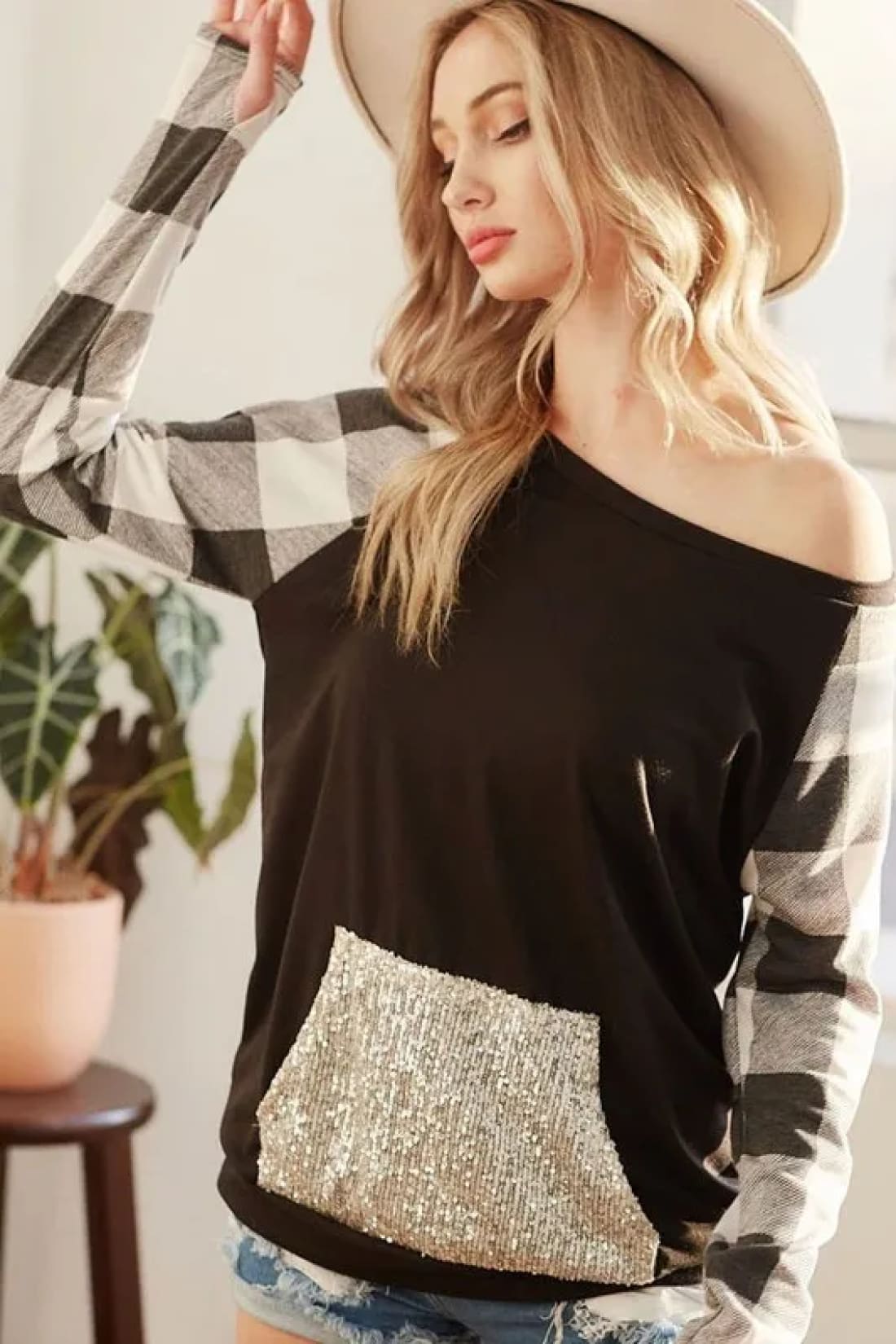 BiBi French Terry Top with Sequins Kangaroo Pocket