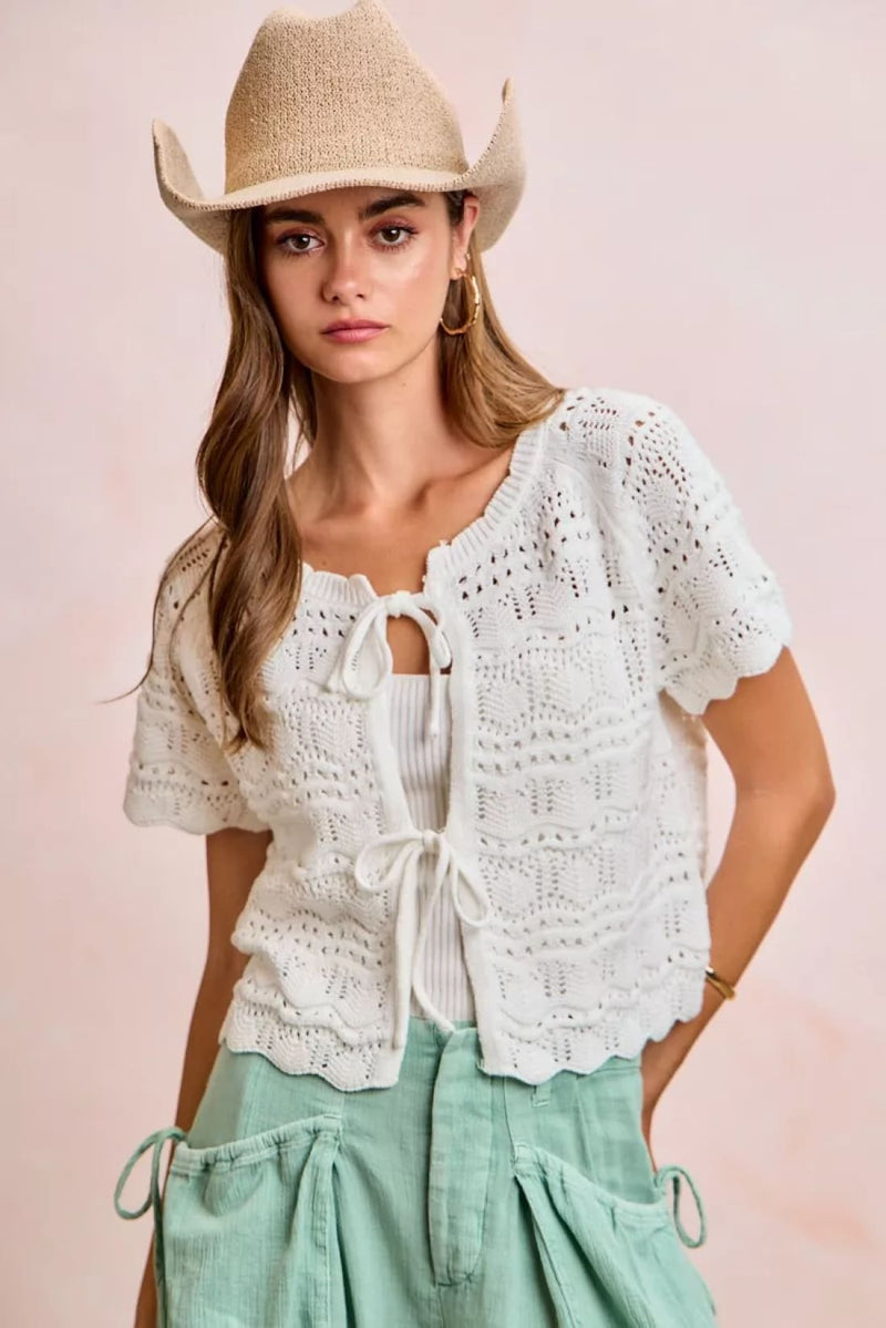 BiBi Front Bow Tie Detail Pointelle Knit Top