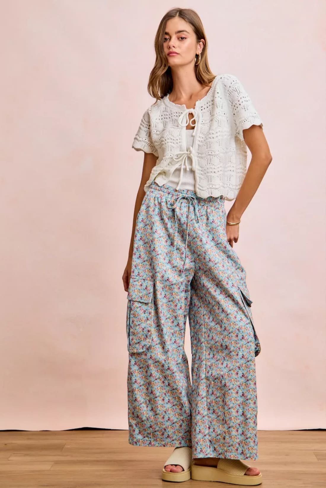 BiBi Front Bow Tie Detail Pointelle Knit Top
