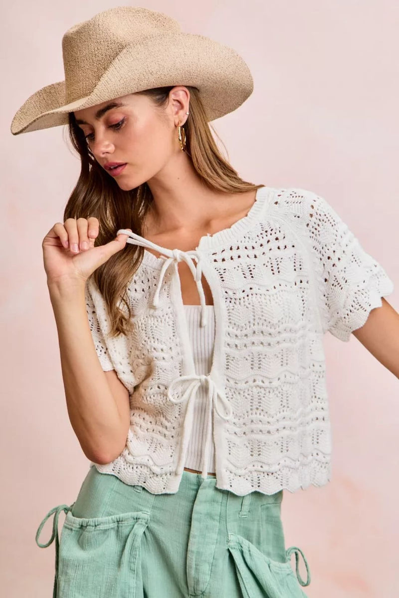 BiBi Front Bow Tie Detail Pointelle Knit Top
