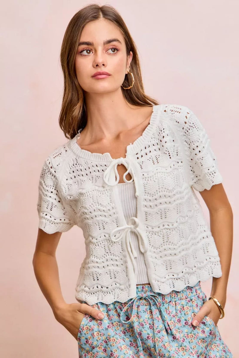 BiBi Front Bow Tie Detail Pointelle Knit Top