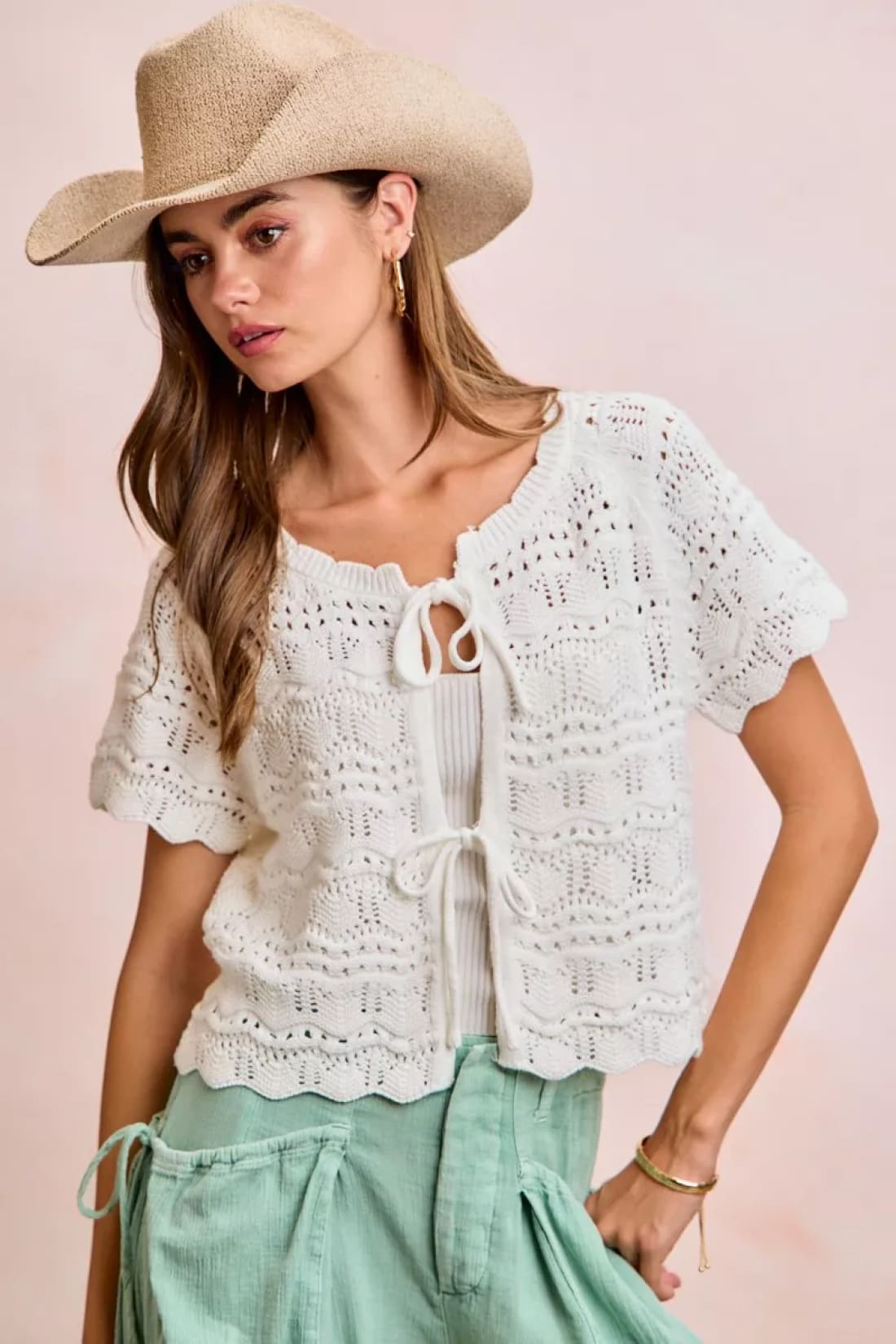 BiBi Front Bow Tie Detail Pointelle Knit Top