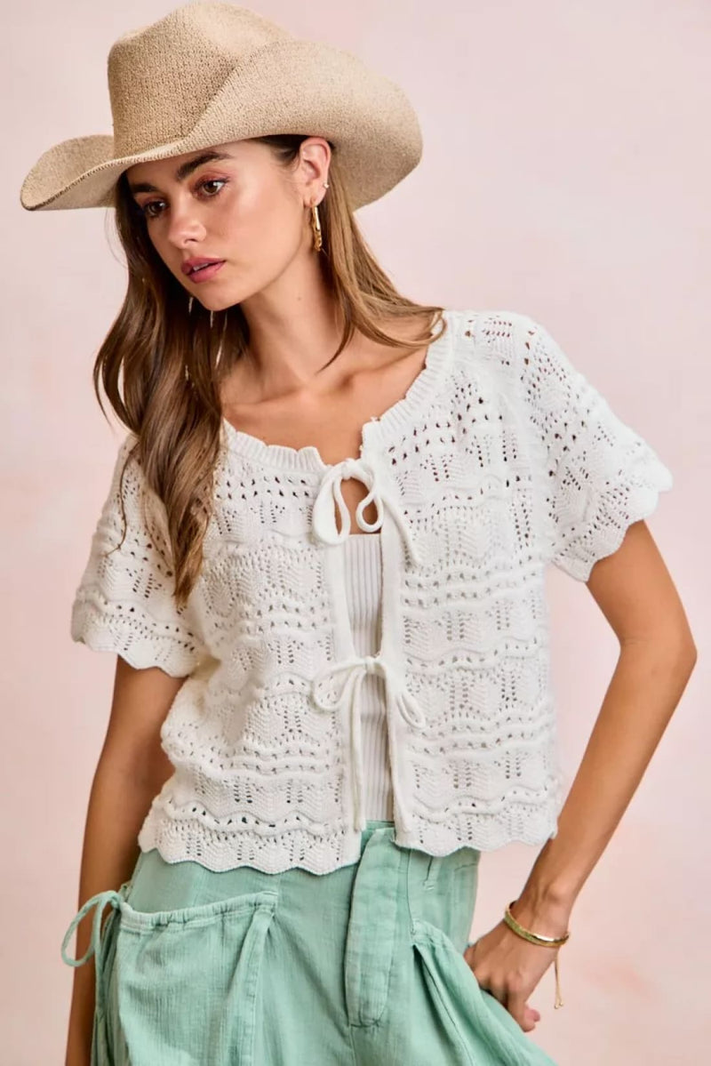 BiBi Front Bow Tie Detail Pointelle Knit Top