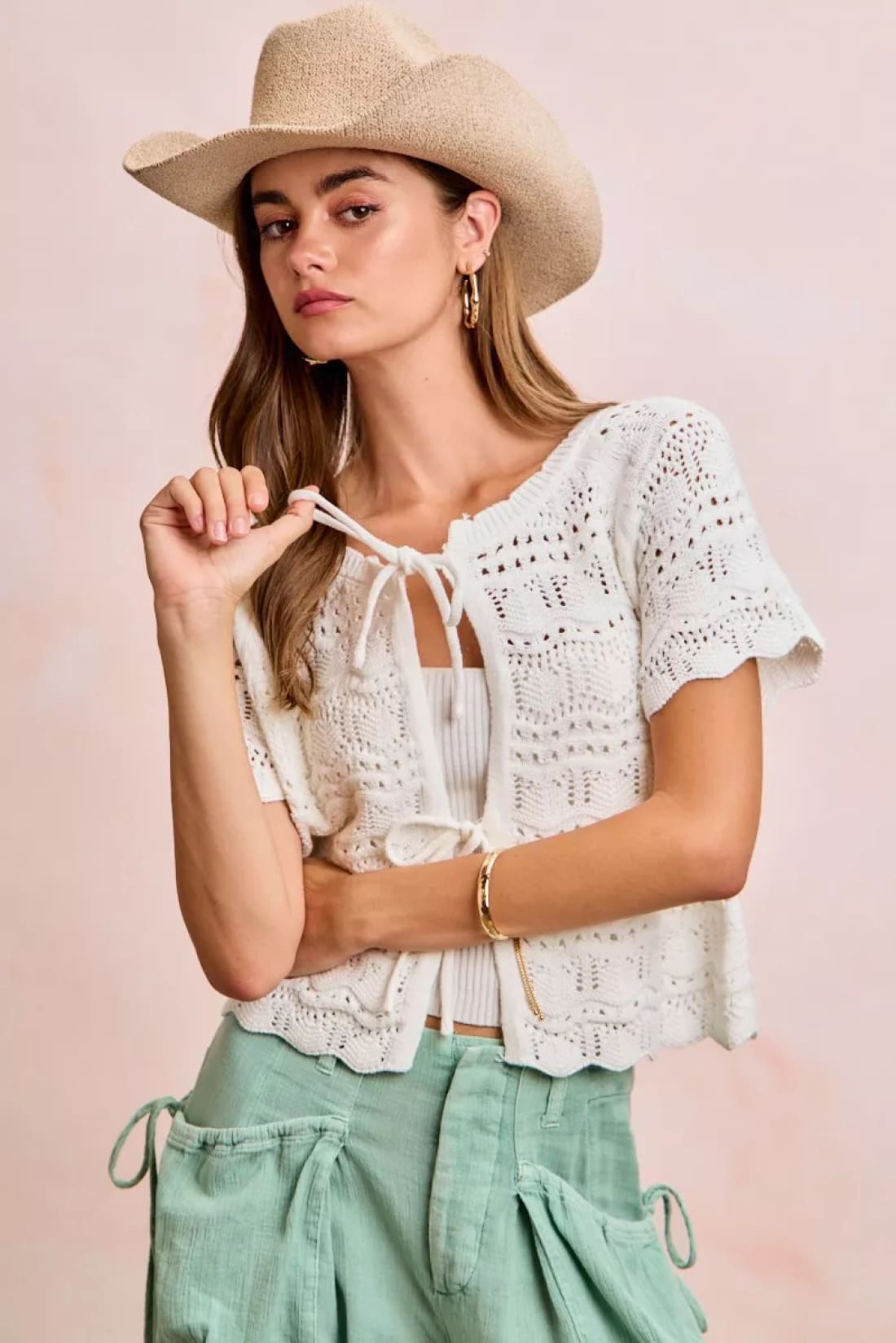 BiBi Front Bow Tie Detail Pointelle Knit Top