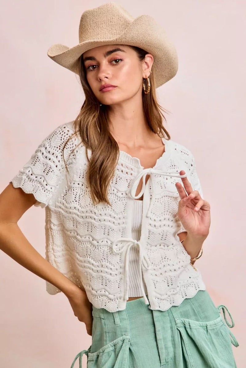 BiBi Front Bow Tie Detail Pointelle Knit Top