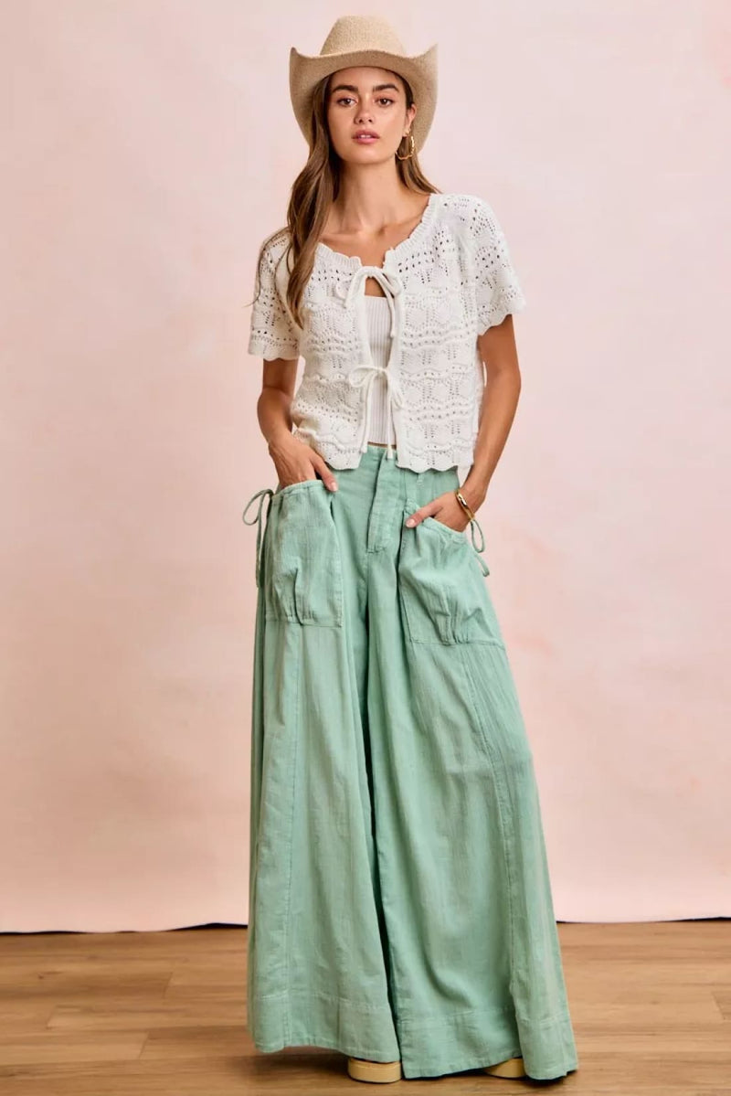 BiBi Front Bow Tie Detail Pointelle Knit Top