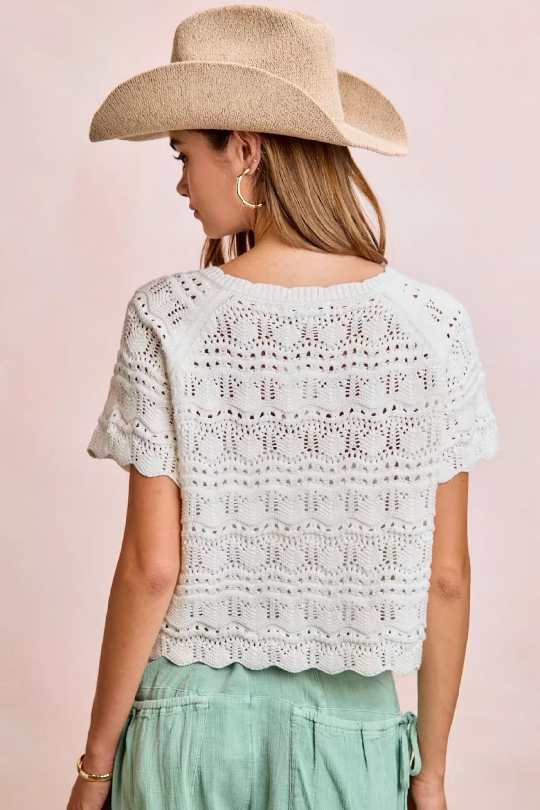 BiBi Front Bow Tie Detail Pointelle Knit Top