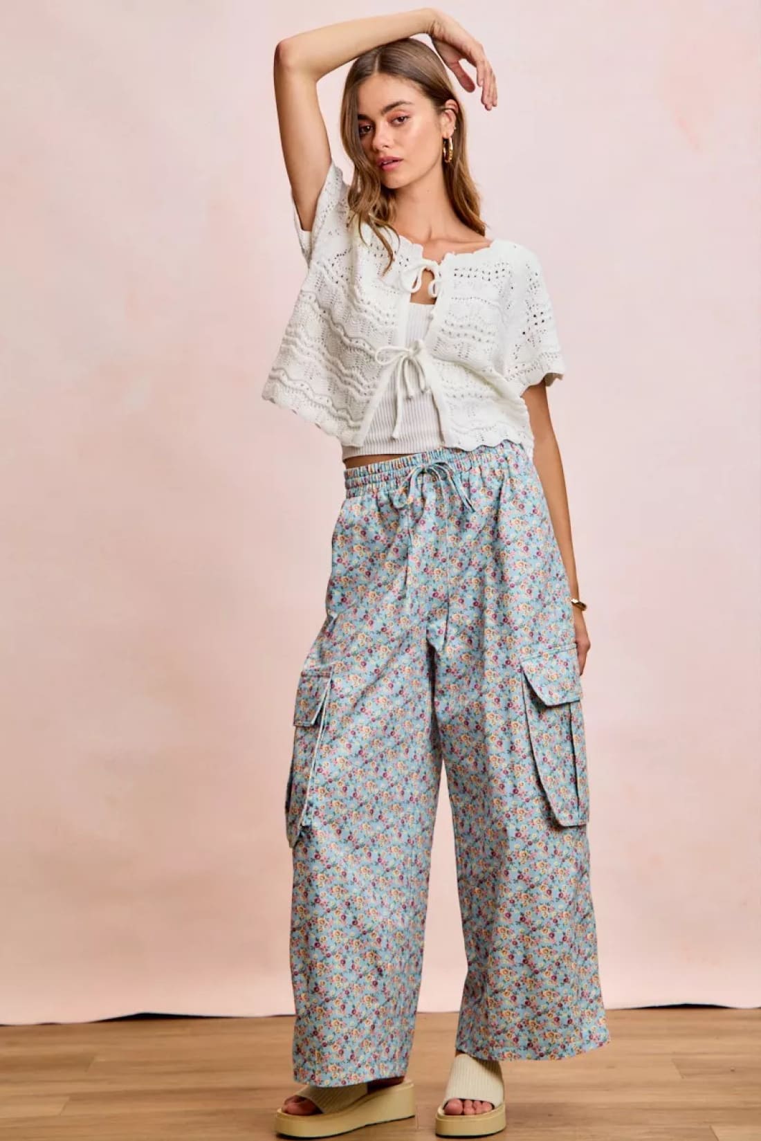 BiBi Front Bow Tie Detail Pointelle Knit Top