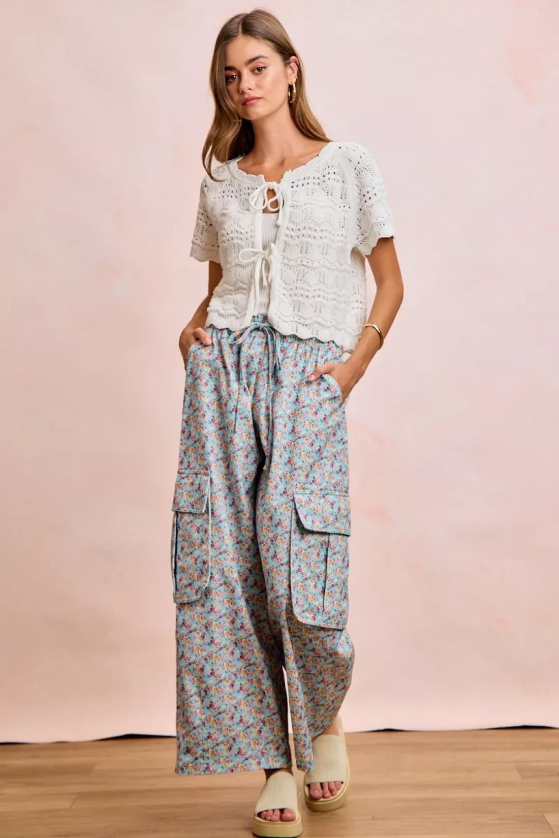 BiBi Front Bow Tie Detail Pointelle Knit Top