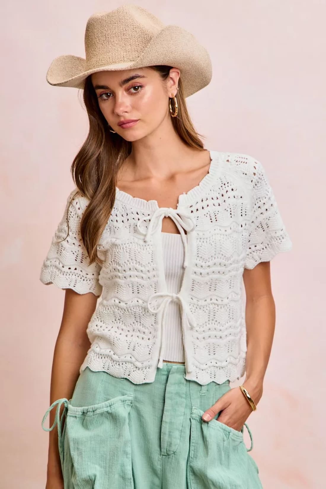 BiBi Front Bow Tie Detail Pointelle Knit Top