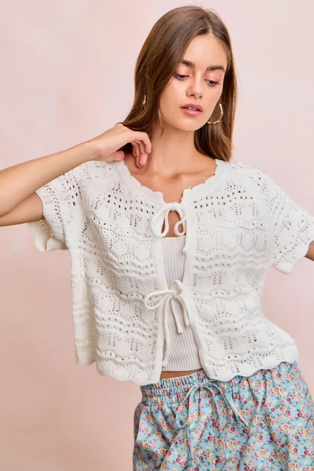 BiBi Front Bow Tie Detail Pointelle Knit Top