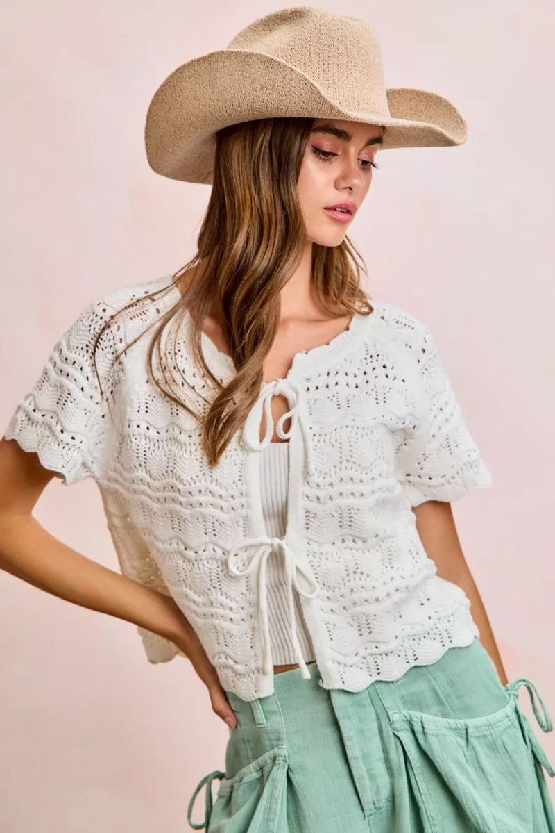 BiBi Front Bow Tie Detail Pointelle Knit Top