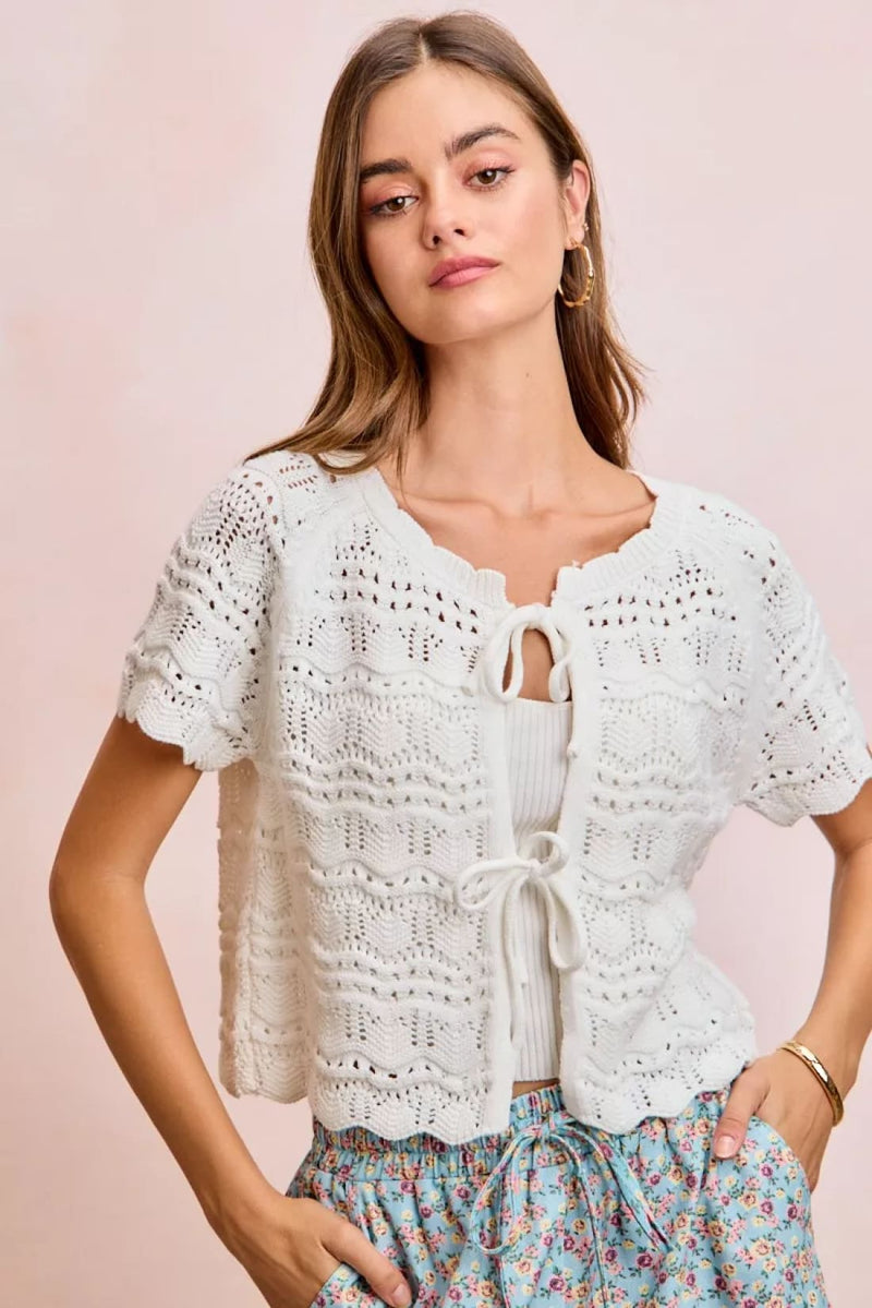 BiBi Front Bow Tie Detail Pointelle Knit Top