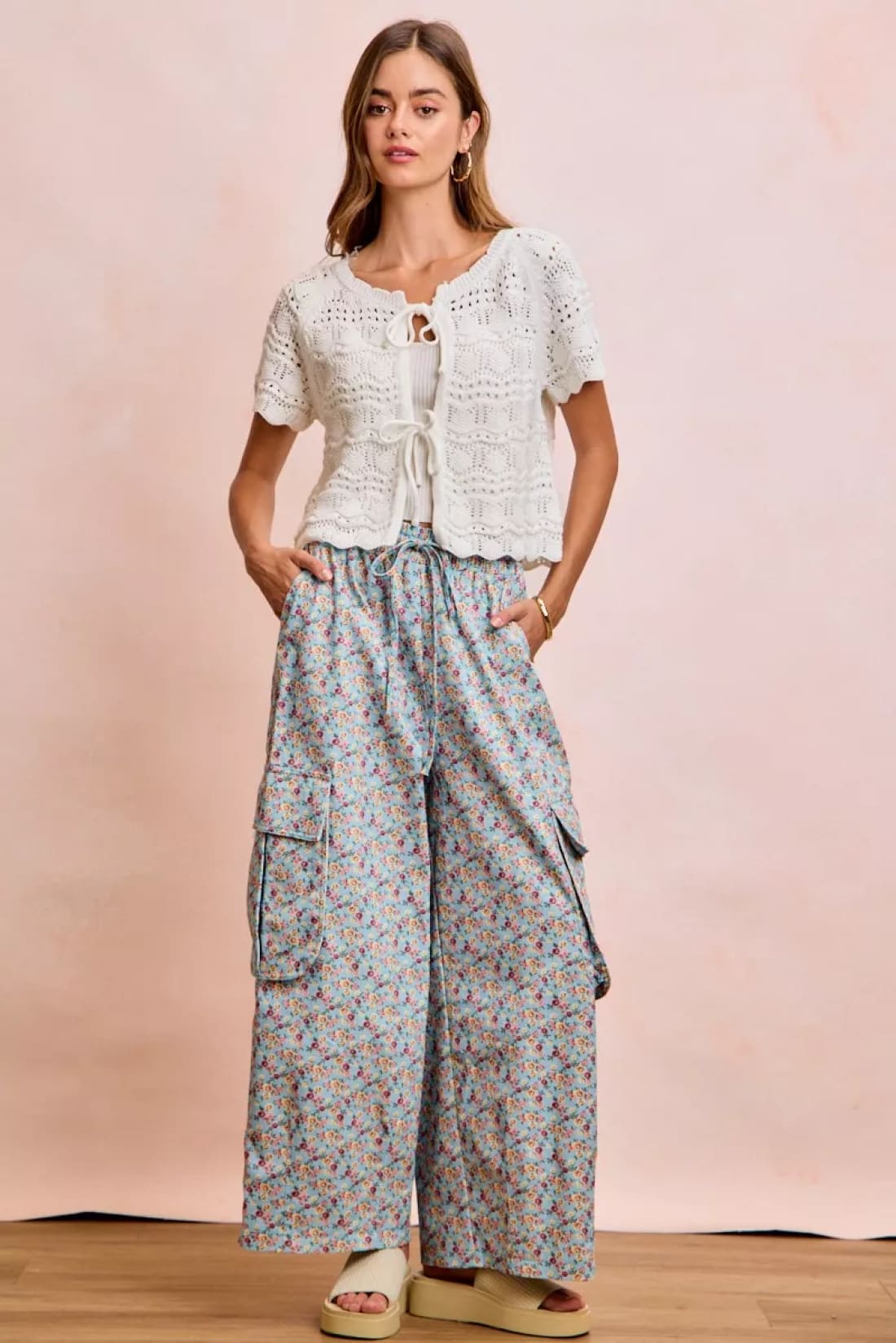 BiBi Front Bow Tie Detail Pointelle Knit Top