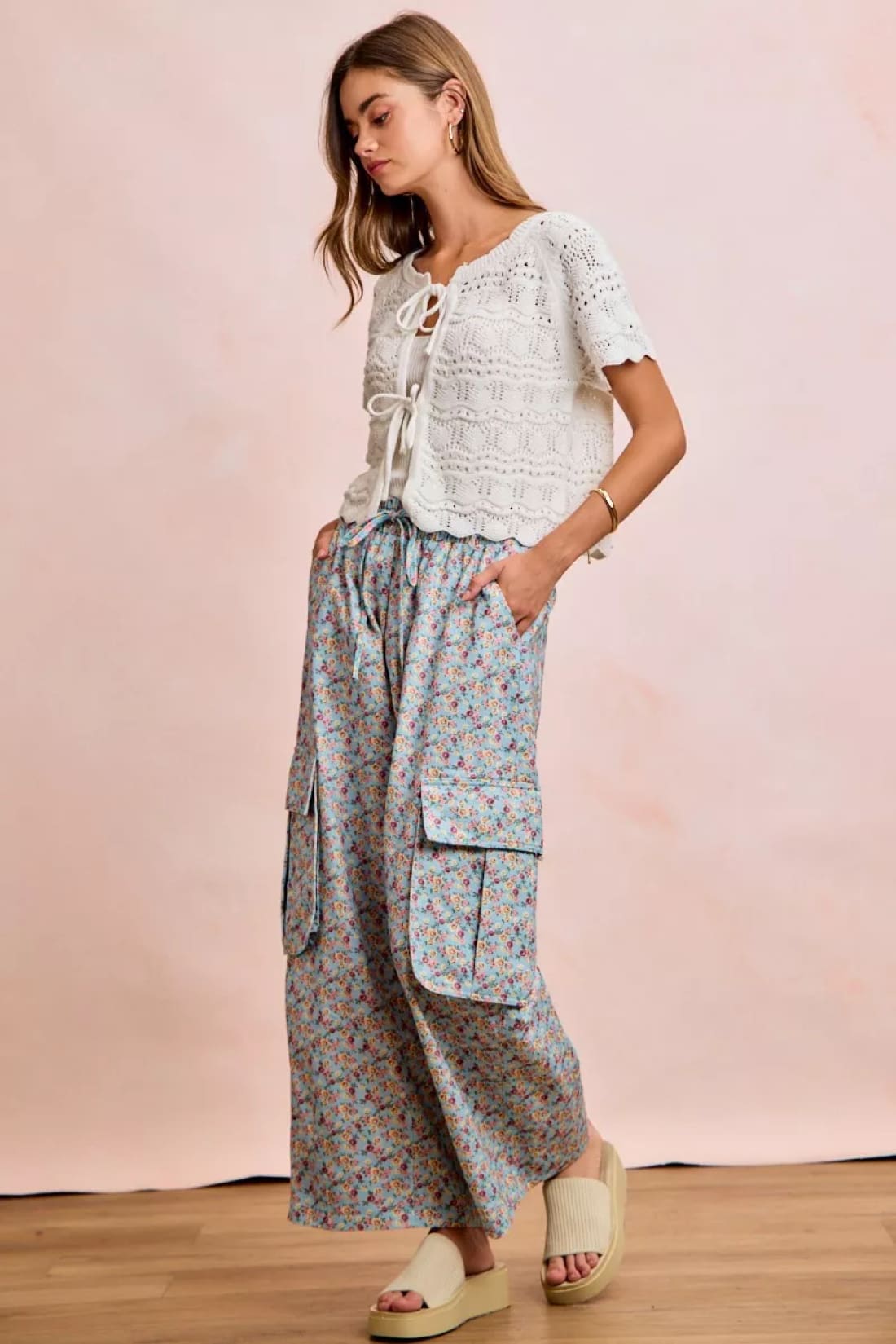 BiBi Front Bow Tie Detail Pointelle Knit Top