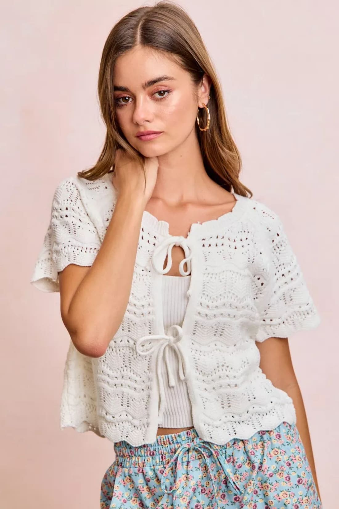 BiBi Front Bow Tie Detail Pointelle Knit Top