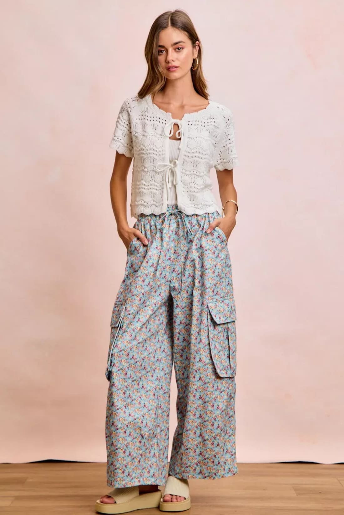 BiBi Front Bow Tie Detail Pointelle Knit Top