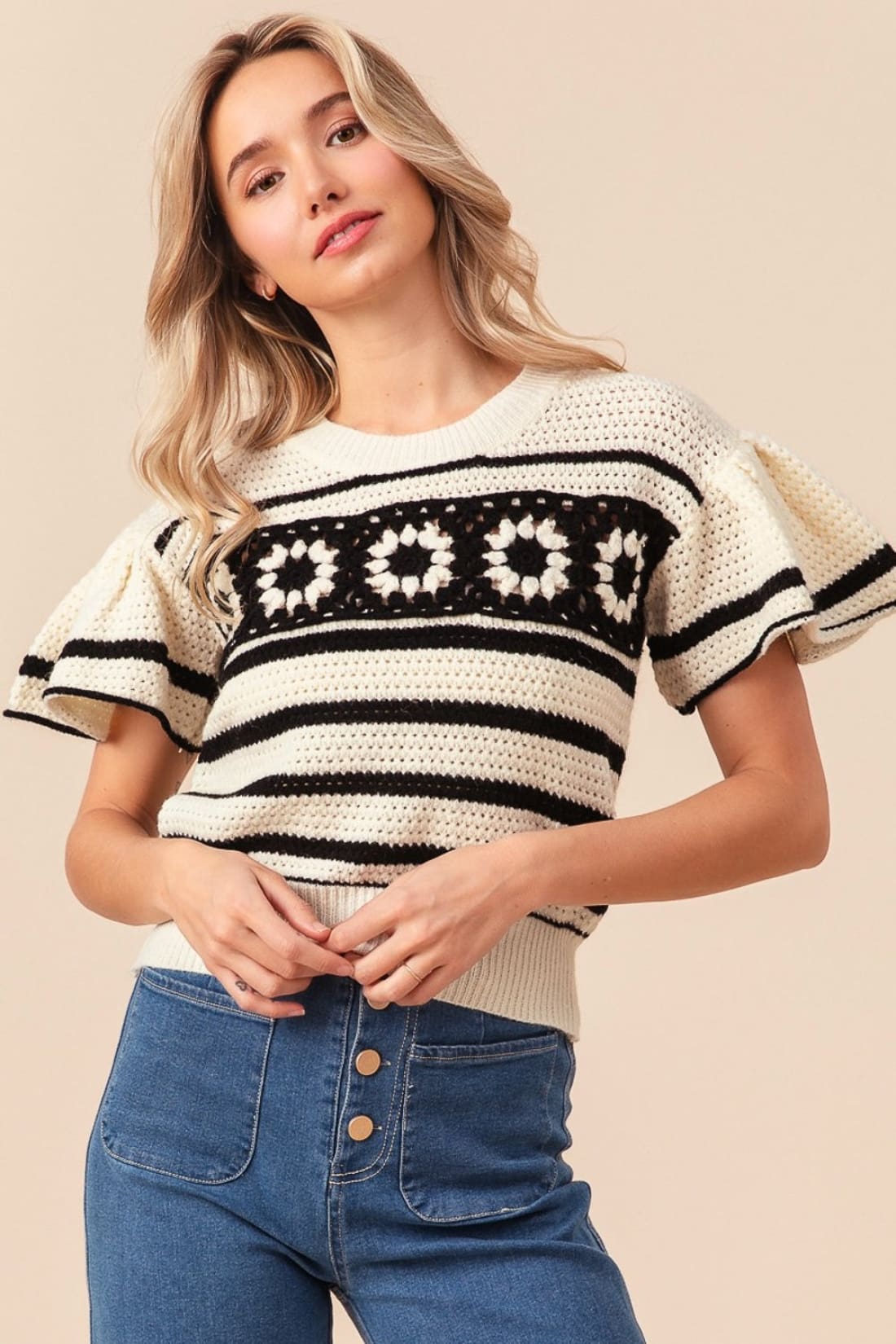 BiBi Granny Square Short Sleeve Striped Sweater | Blouses & Shirts