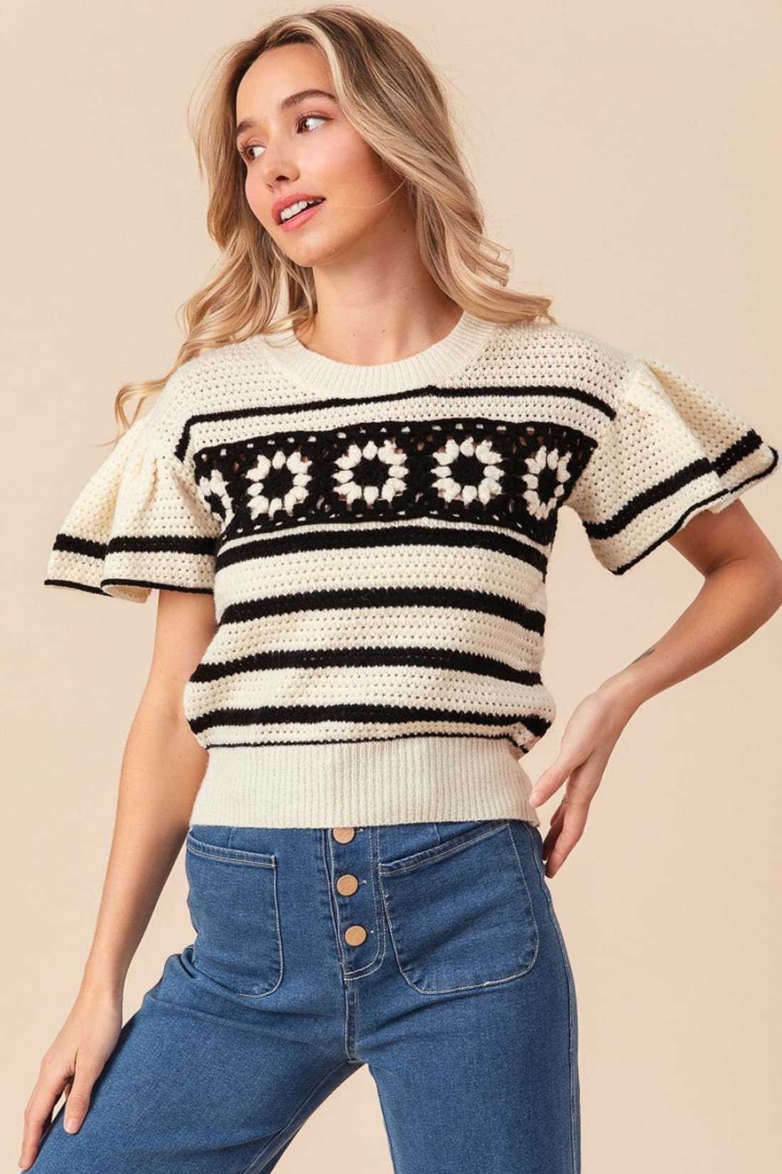 BiBi Granny Square Short Sleeve Striped Sweater | Blouses & Shirts