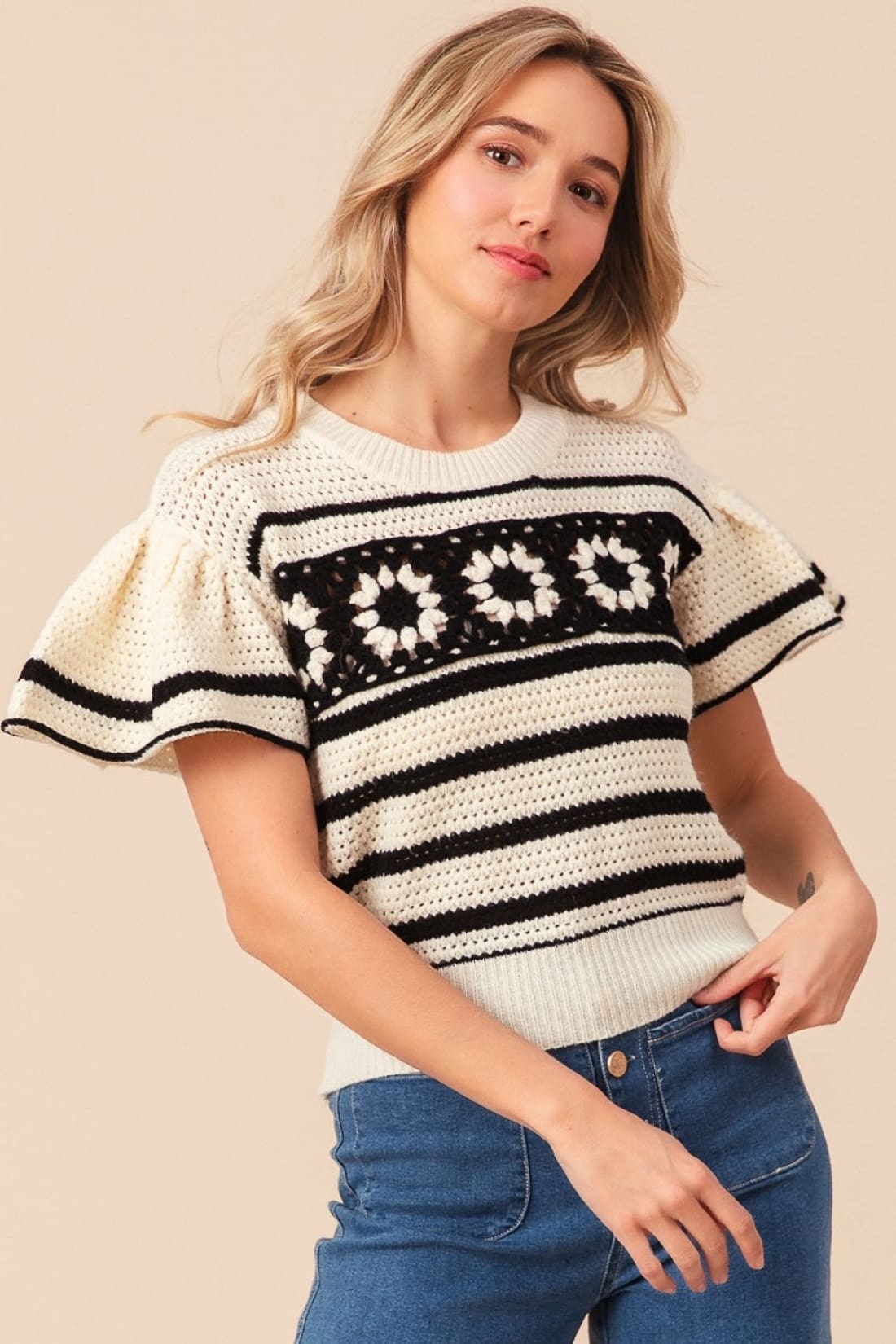 BiBi Granny Square Short Sleeve Striped Sweater | Blouses & Shirts