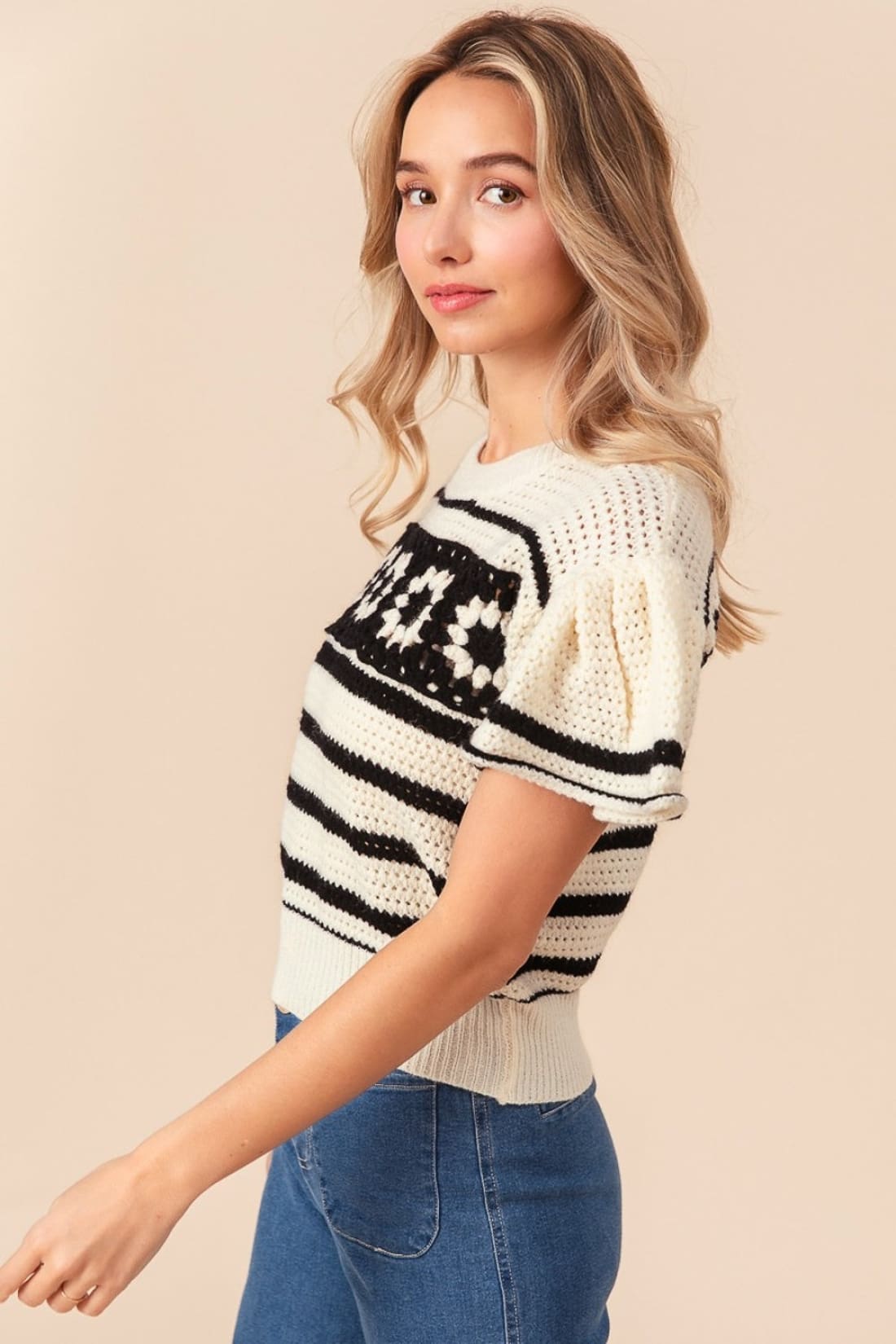 BiBi Granny Square Short Sleeve Striped Sweater | Blouses & Shirts