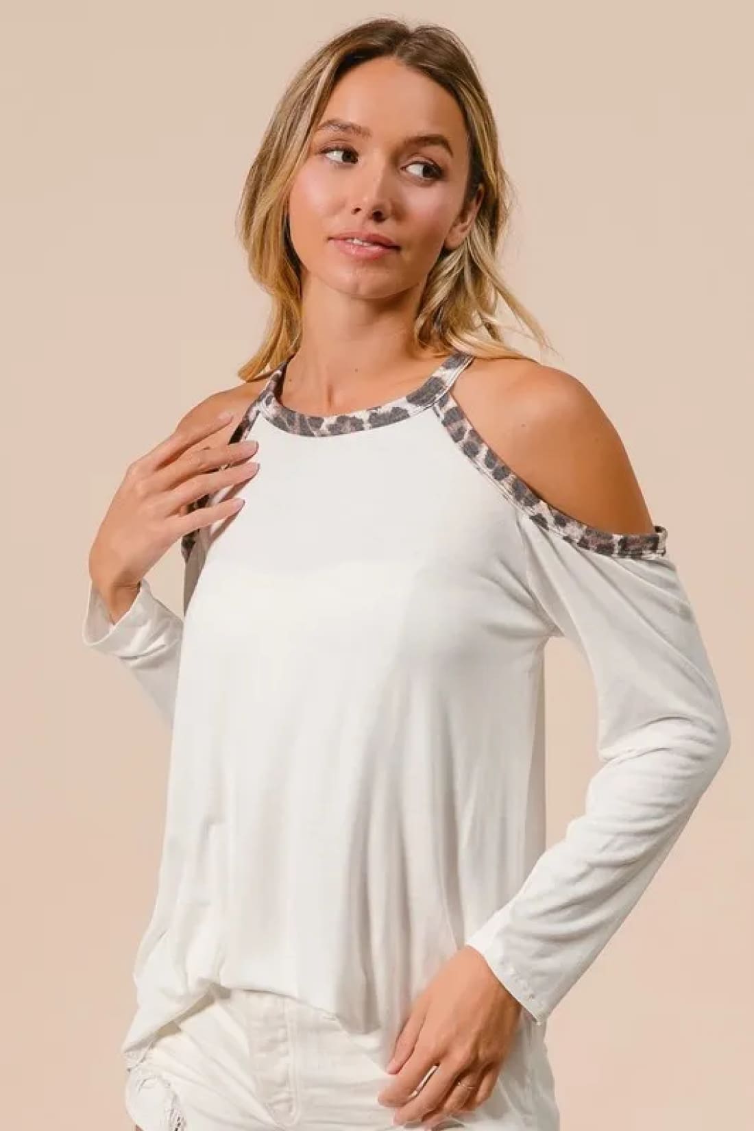 BiBi Jersey Knit Cold Shoulder Top with Leopard Neck