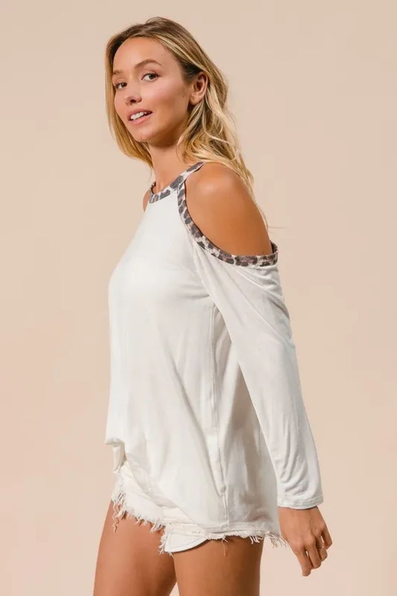BiBi Jersey Knit Cold Shoulder Top with Leopard Neck