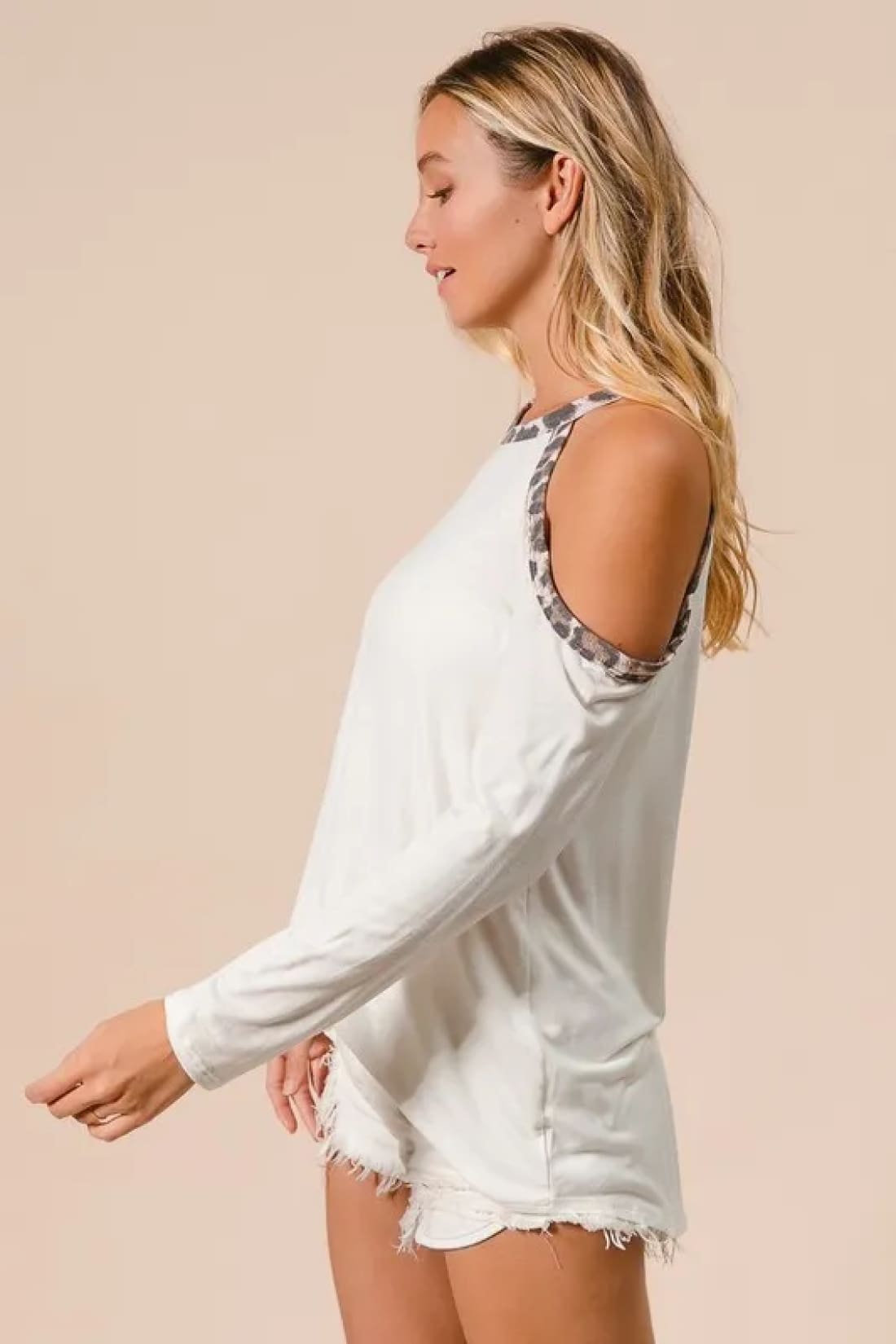 BiBi Jersey Knit Cold Shoulder Top with Leopard Neck
