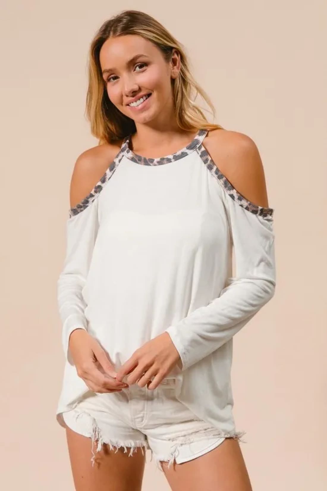 BiBi Jersey Knit Cold Shoulder Top with Leopard Neck