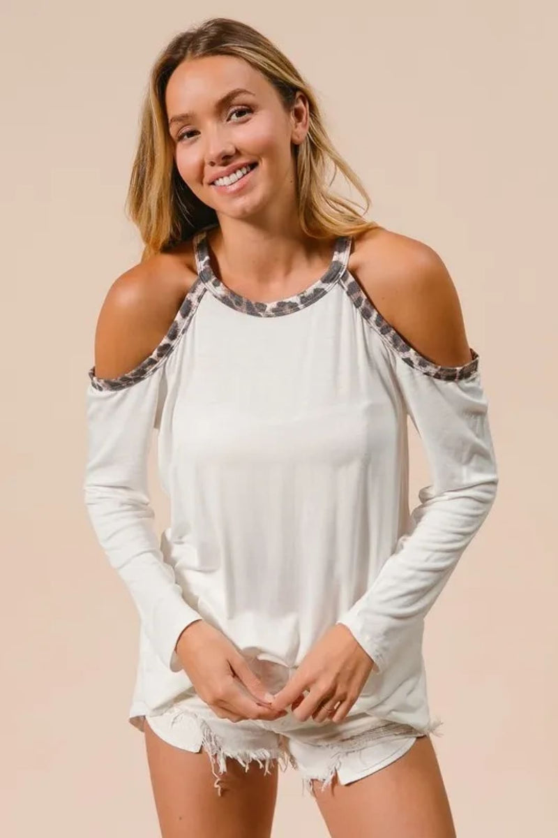 BiBi Jersey Knit Cold Shoulder Top with Leopard Neck