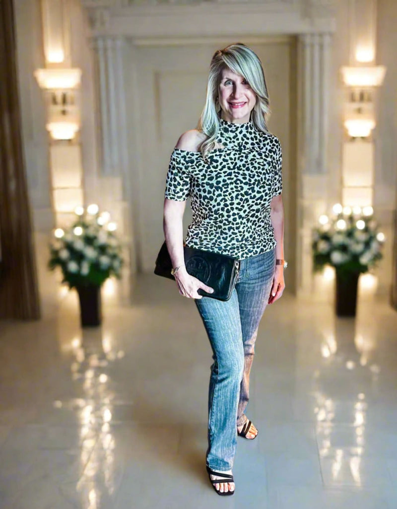 BiBi Leopard Asymmetrical Cold Shoulder Mock Neck T-Shirt