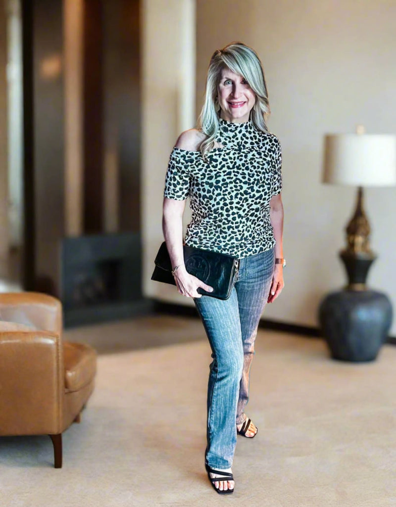BiBi Leopard Asymmetrical Cold Shoulder Mock Neck T-Shirt