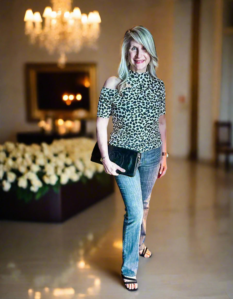 BiBi Leopard Asymmetrical Cold Shoulder Mock Neck T-Shirt