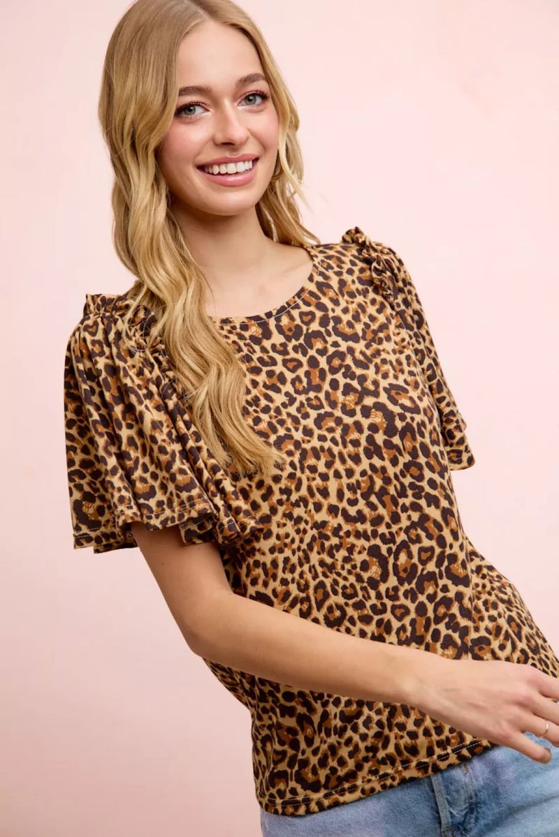 BiBi Leopard Printed Spandex Jersey Ruffle Sleeve Top