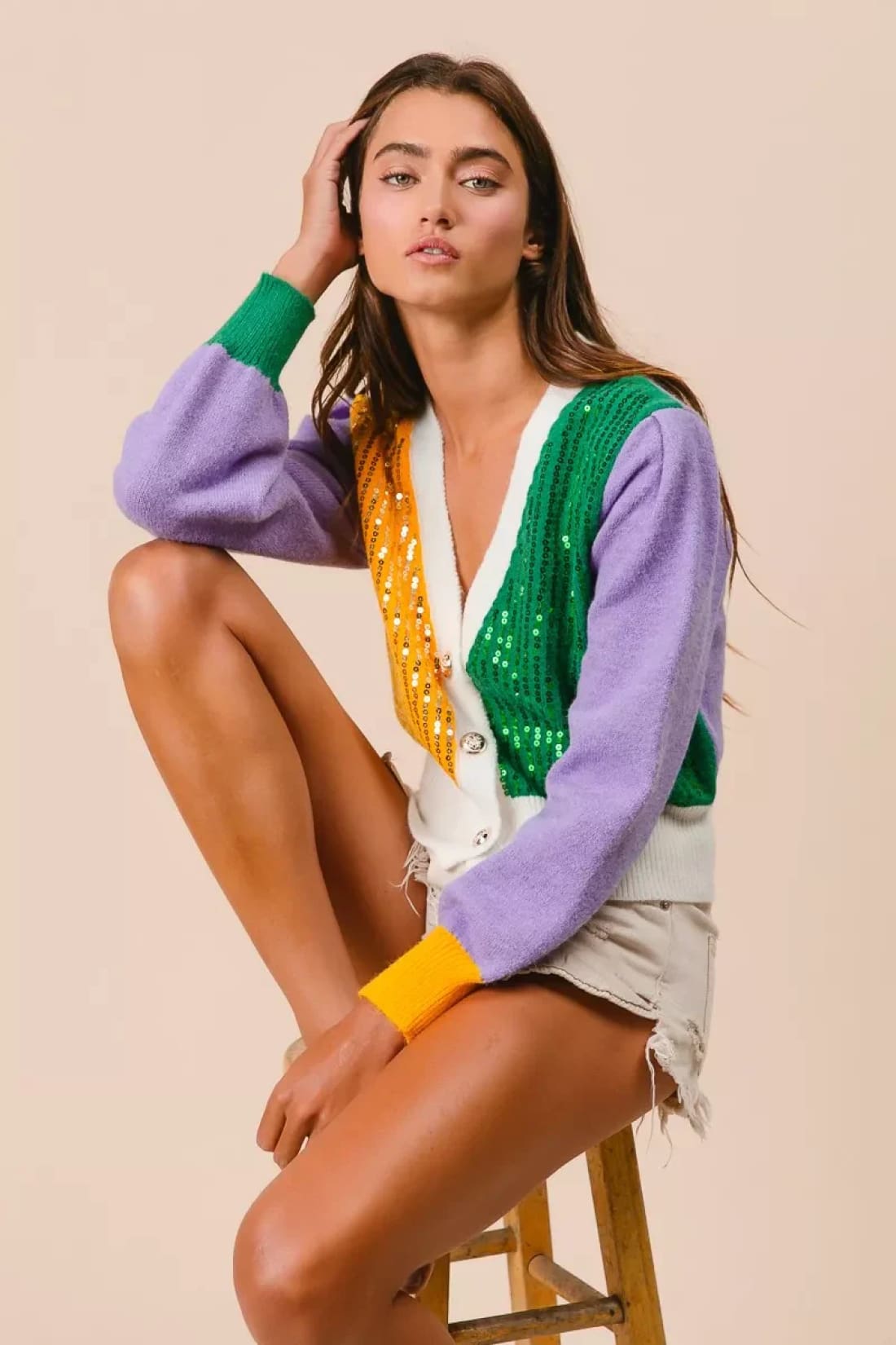 BiBi Mardi Gras Color Block Sequin Sweater Cardigan