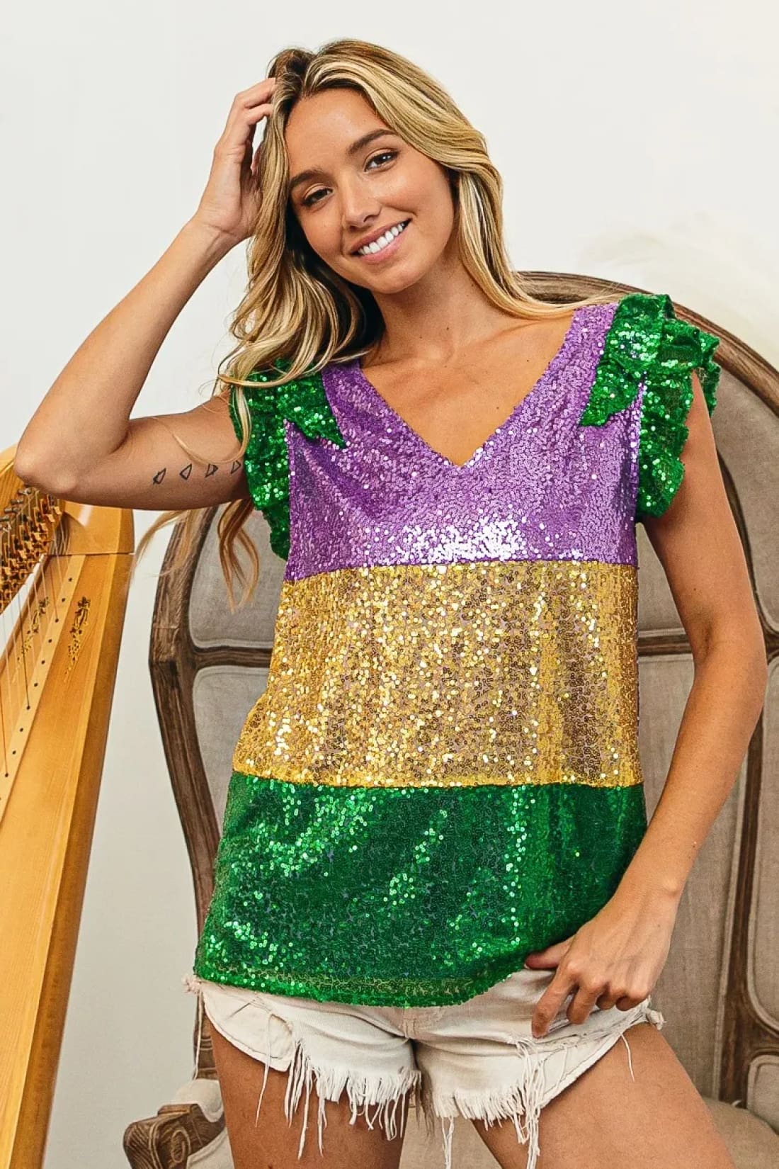 BiBi Mardi Gras Sequin Color Block Ruffled Top