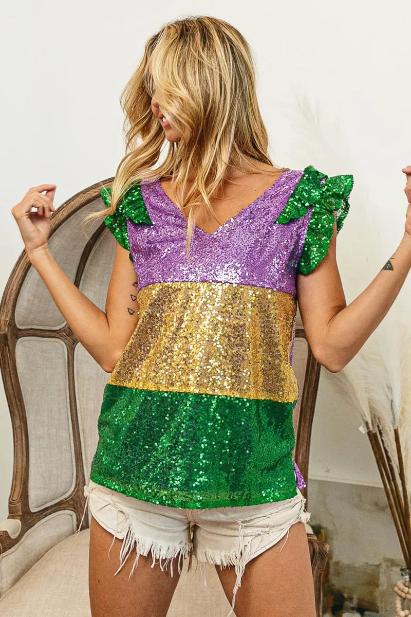 BiBi Mardi Gras Sequin Color Block Ruffled Top