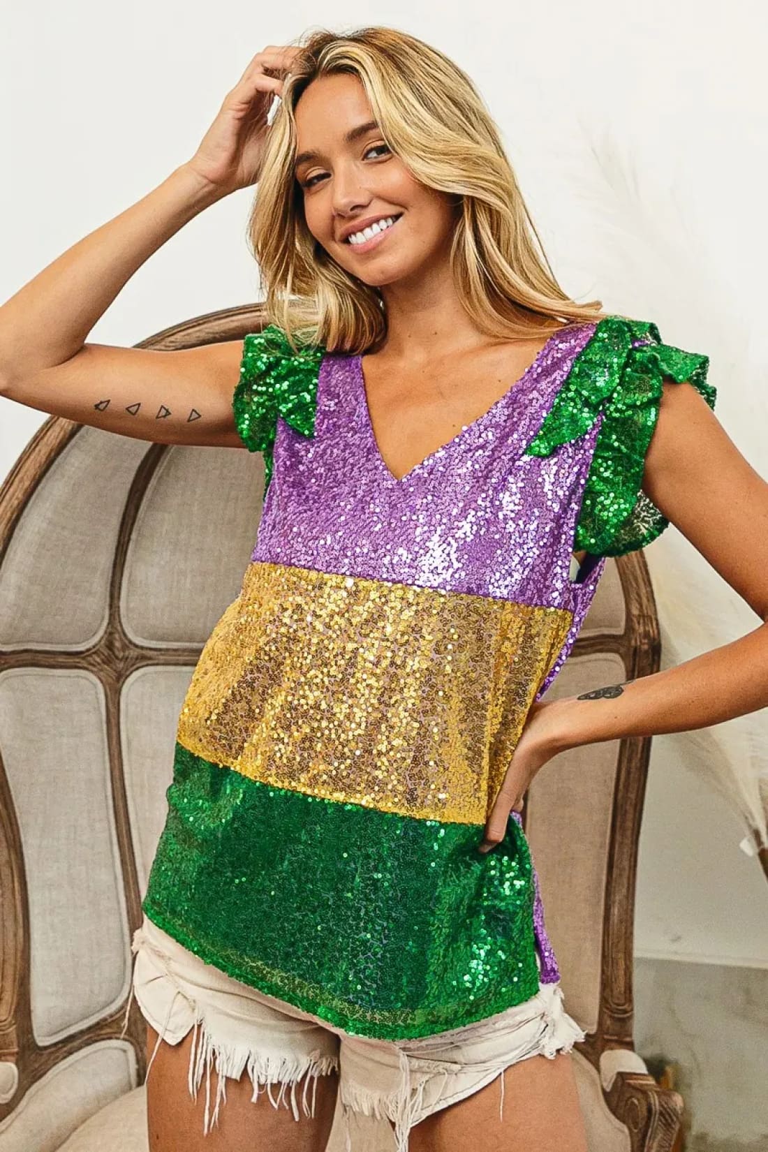 BiBi Mardi Gras Sequin Color Block Ruffled Top