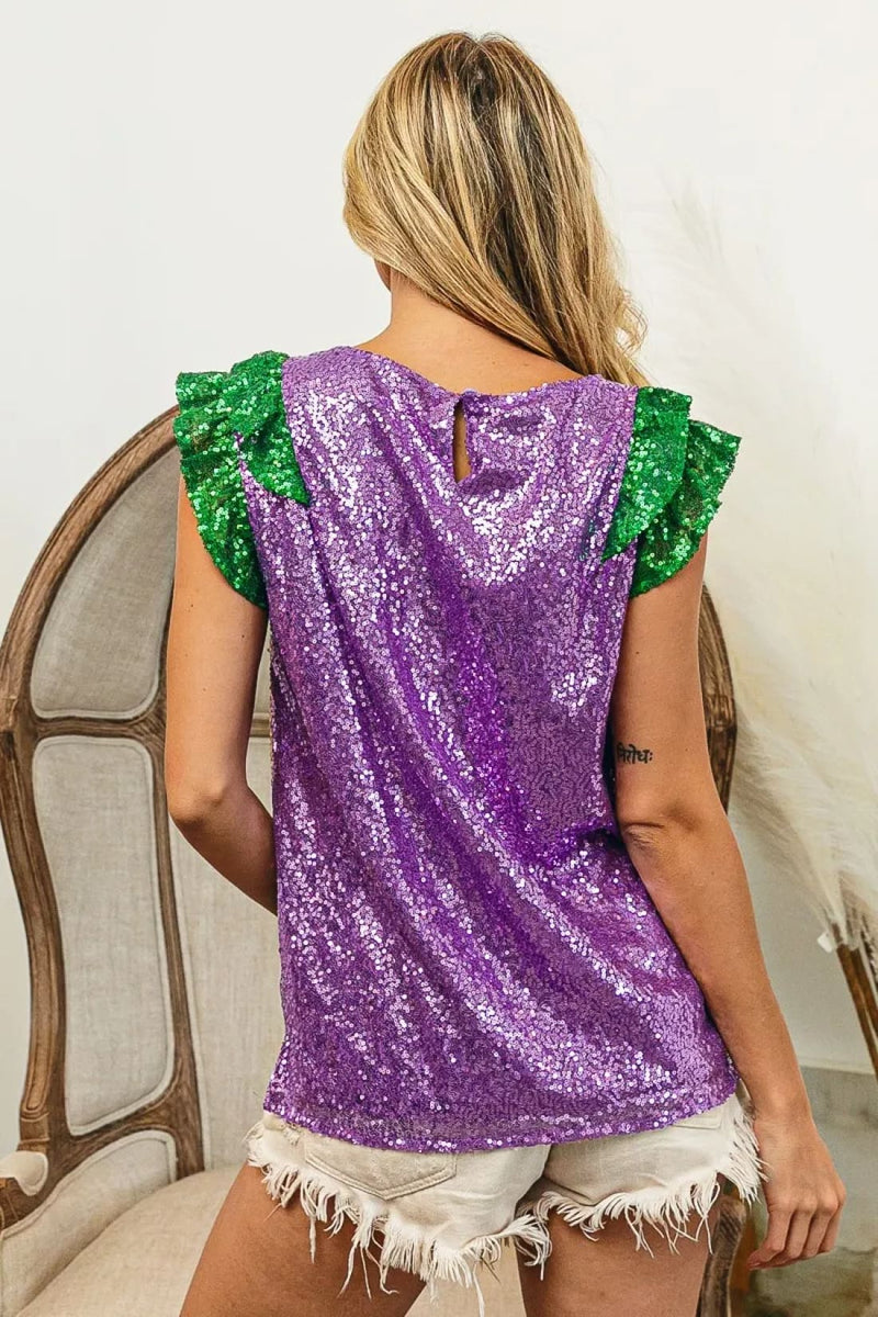 BiBi Mardi Gras Sequin Color Block Ruffled Top