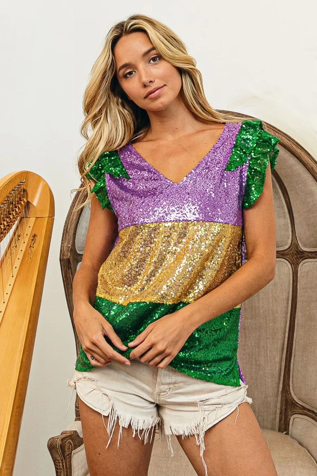 BiBi Mardi Gras Sequin Color Block Ruffled Top
