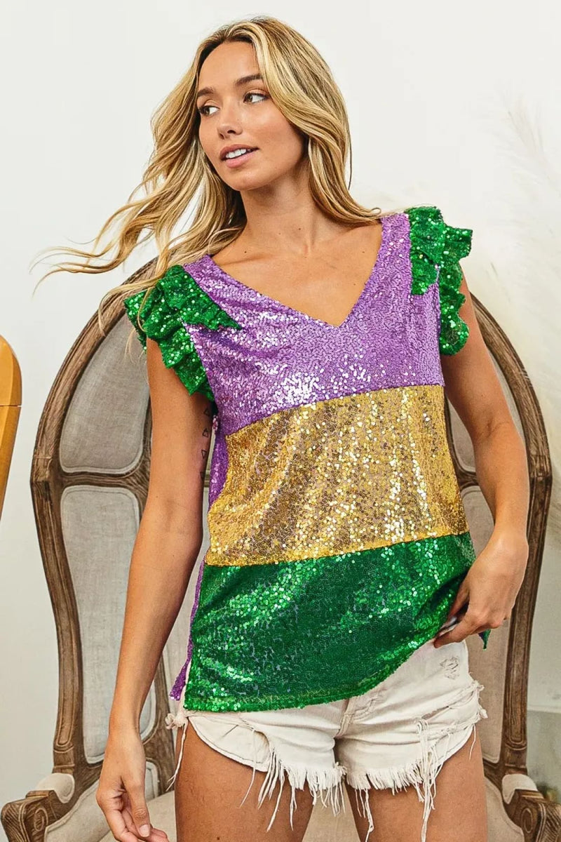 BiBi Mardi Gras Sequin Color Block Ruffled Top