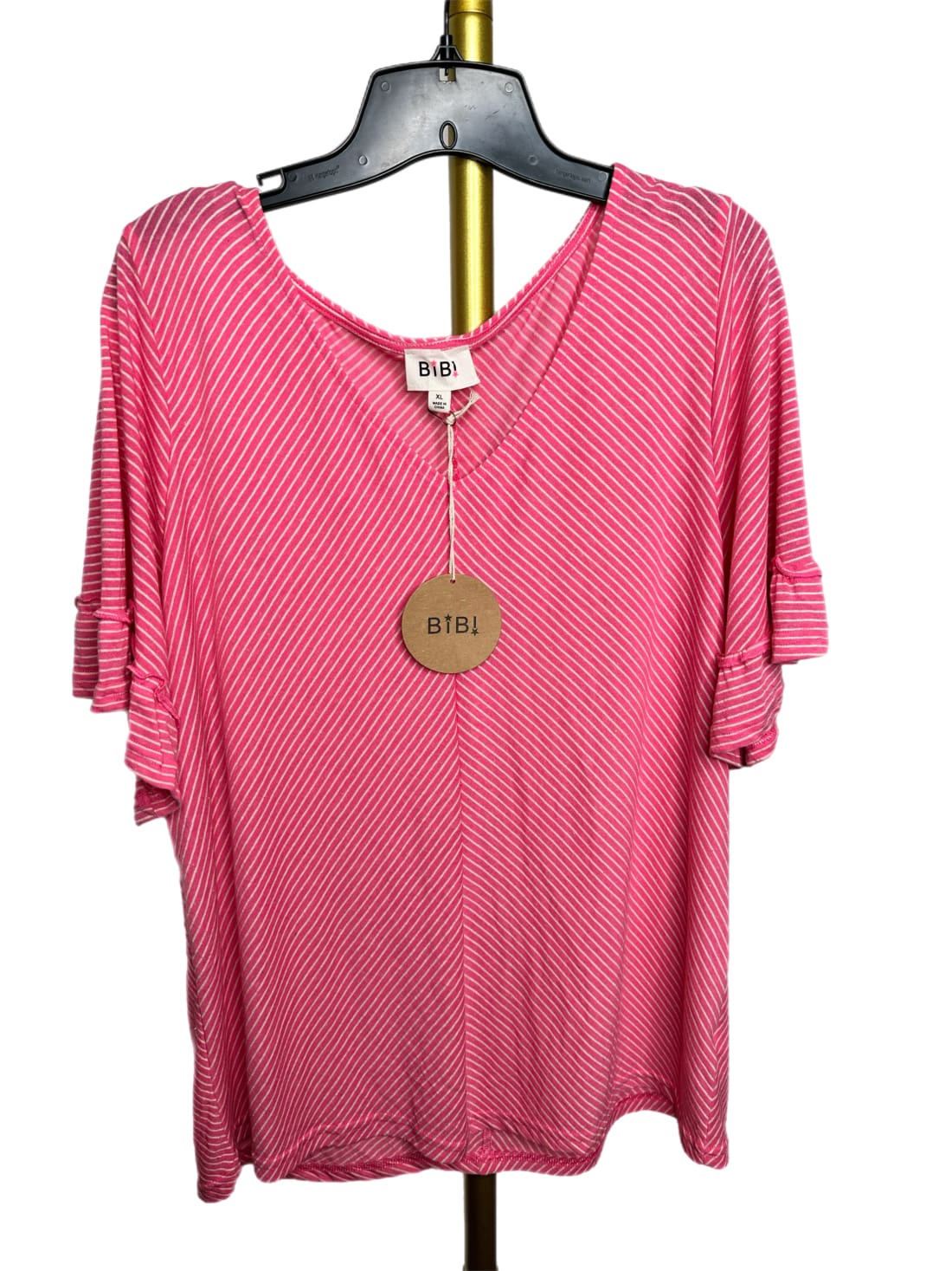 Bibi Ruffle Sleeve Pink Stripe V-Neck Top (Limited Quantities) | Tops & Tees