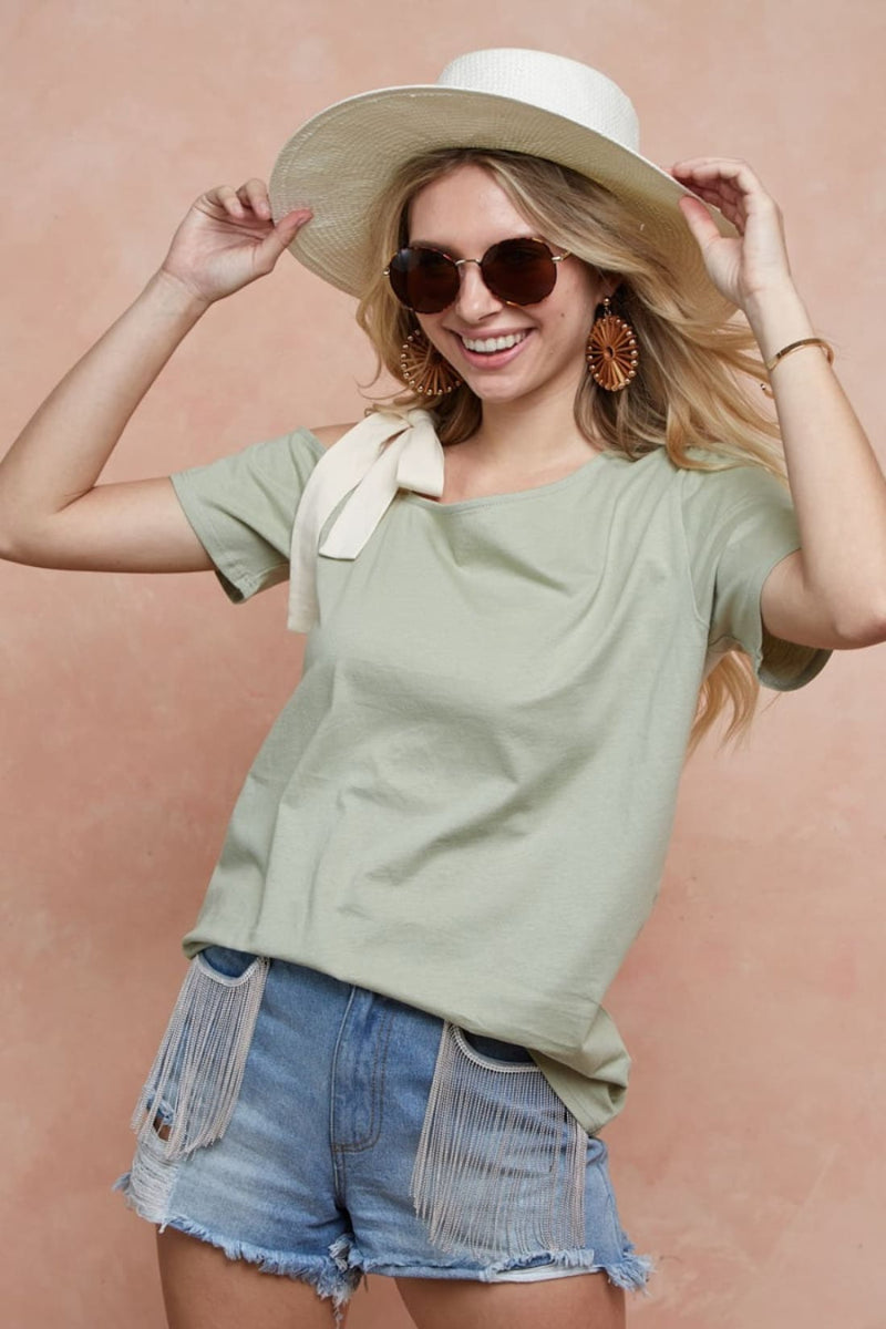 BiBi Tied Ribbon One Shoulder Short Sleeve T Shirt