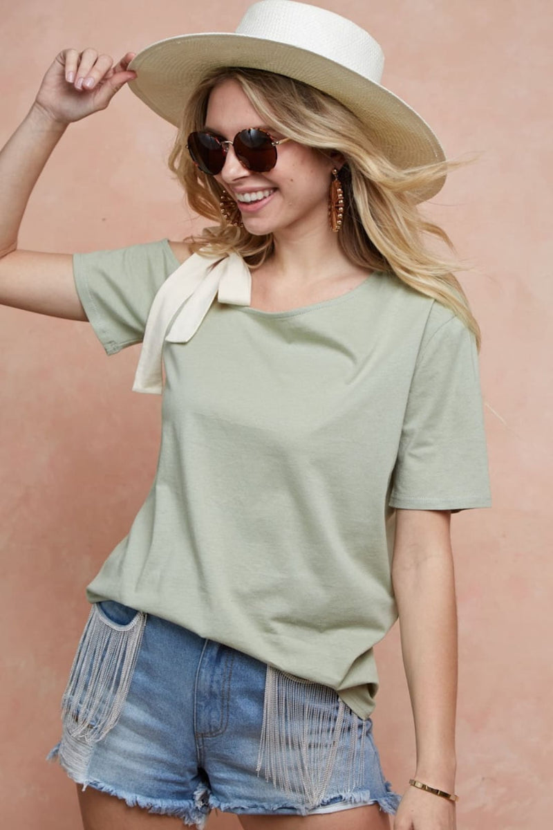 BiBi Tied Ribbon One Shoulder Short Sleeve T Shirt
