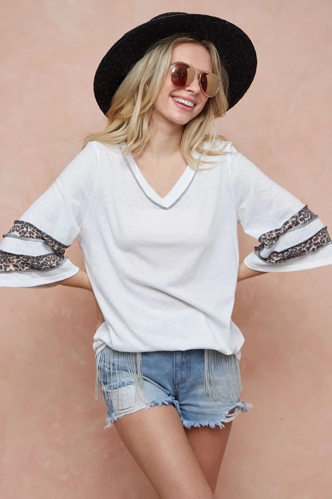 BiBi Triblend Knit Top with Leopard Band Detail