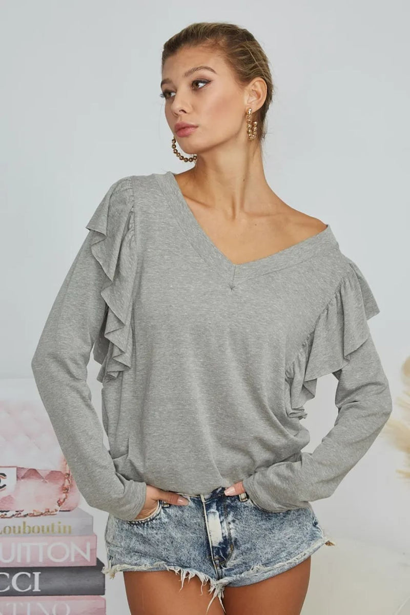 BiBi Triblend V Neck Top with Shoulder Shrring Detail