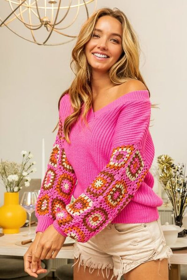 BiBi V - Neck Crochet Long Sleeve Sweater | Long Sleeve Tops